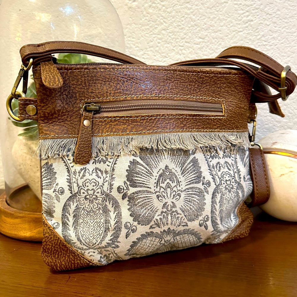 Myra Bag Brown Leather and Gray Canvas Crossbody/Shoulder Bag